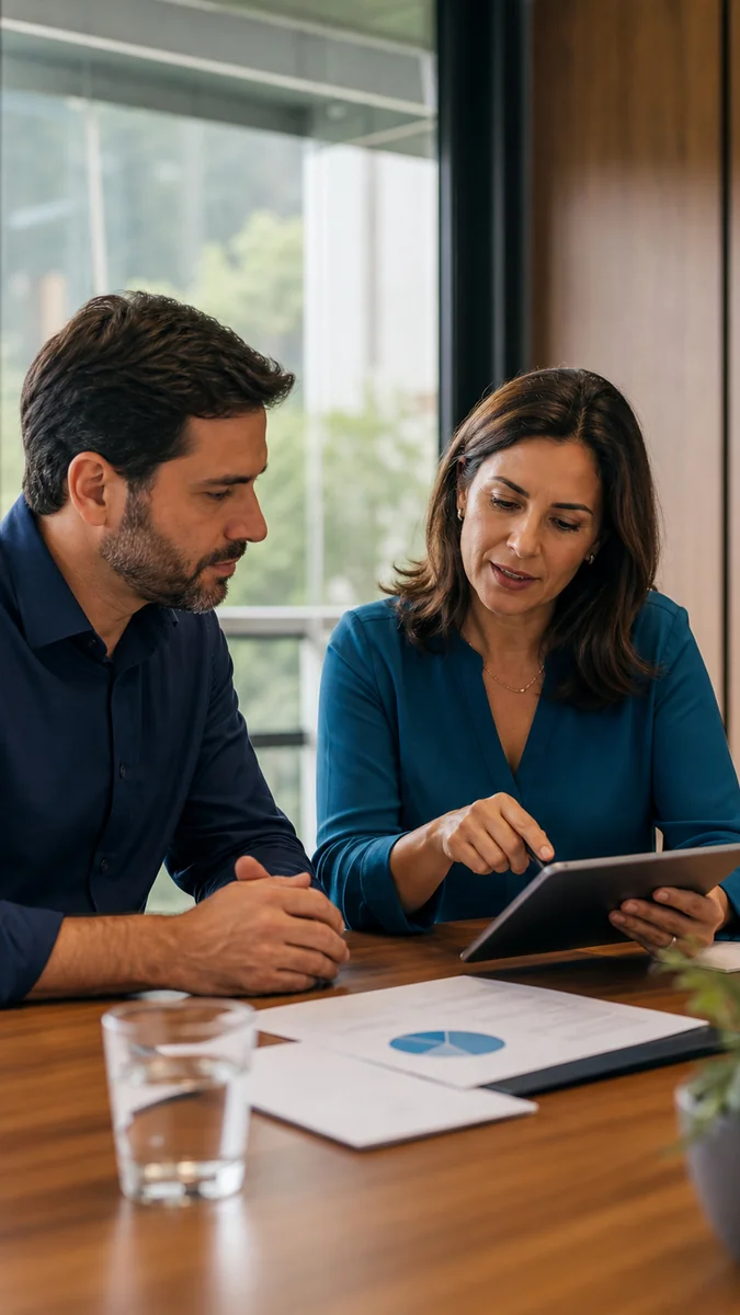 Consultora explicando opções em uma conversa próxima