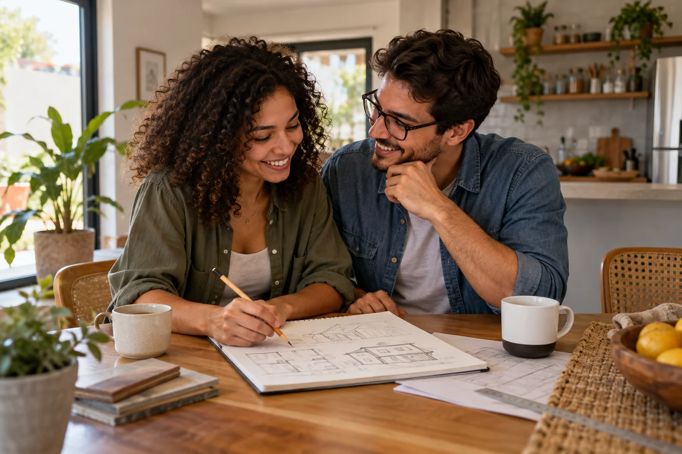 Casal planejando uma futura casa com um caderno sobre a mesa