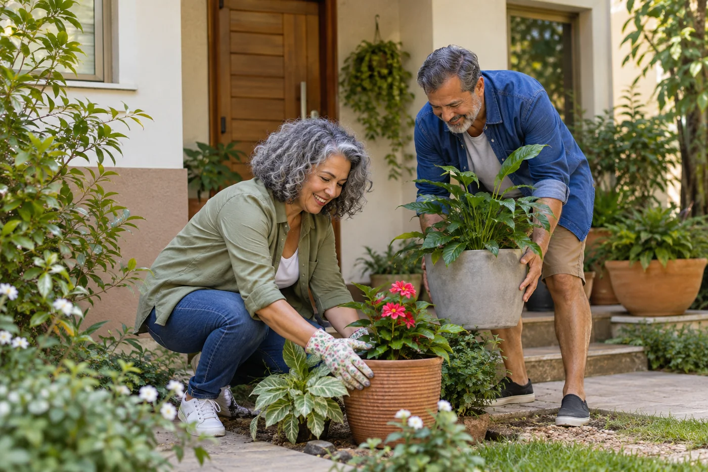 Casal cuidando das plantas no jardim da entrada de sua casa